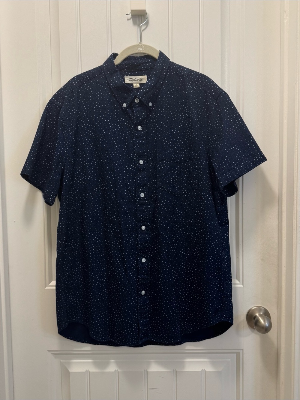 Madewell Mens Navy Blue Polka Dot Short Sleeve Button Down Shirt Cotton Sz Large
